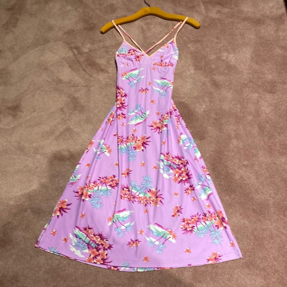 Lilac print coverup with lined front bodice& tie back.